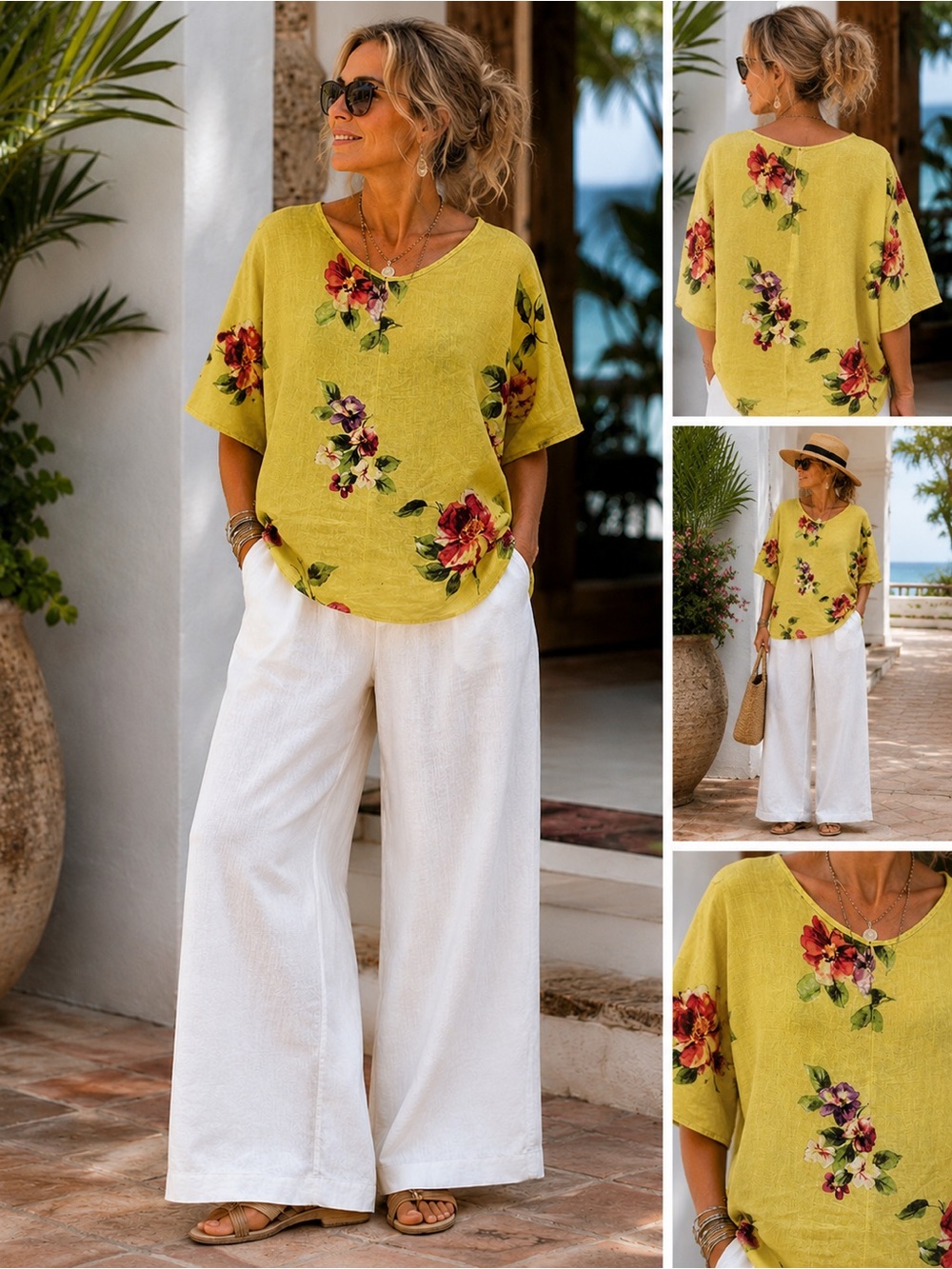 Made in Italy 100% Linen Floral Oversized Dolman Sleeve Top XL
